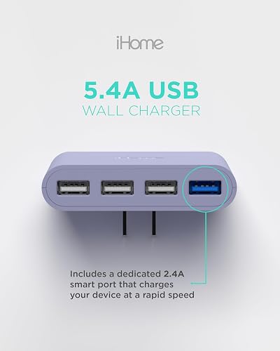 Cargador de Pared USB Slim iHome: Cargador USB Multipuerto AC Pro, Adaptador de Enchufe USB y Bloque de Carga para Teléfono, 4 Enchufes USB para Tomacorriente de Pared