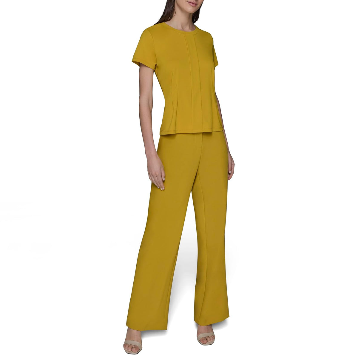 Karl Lagerfeld - Blusa Peplum de Manga Corta con Cuello Redondo y Plisado para Mujer, Dorado (Gold Flake)