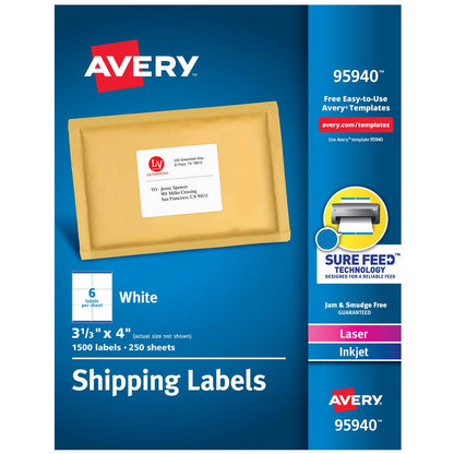 Avery Etiquetas de envío imprimibles con alimentación segura, 3-1/3 x 4 pulgadas, blancas, 1.500 etiquetas de correo en blanco (95940) - 1500 Labels