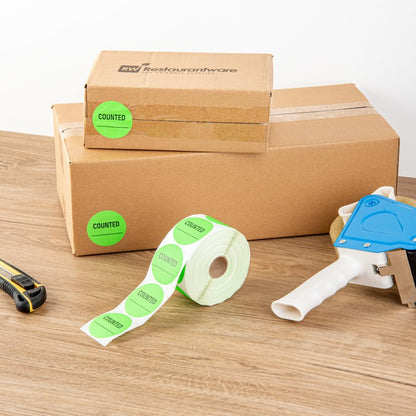 Restaurantware Label Tek - Calcomanías de embalaje de 2 x 2 pulgadas, 1000 etiquetas de envío de alta calidad, contadas, sostenibles, calcomanías de inventario de papel verde, alta visibilidad, con
