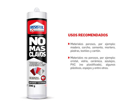Resistol Uno Para Todo Cristal, adhesivo fuerte, agarre inmediato, consistencia pastosa y flexible, libre de solventes, tecnología Flextec, transparente, 1x290g