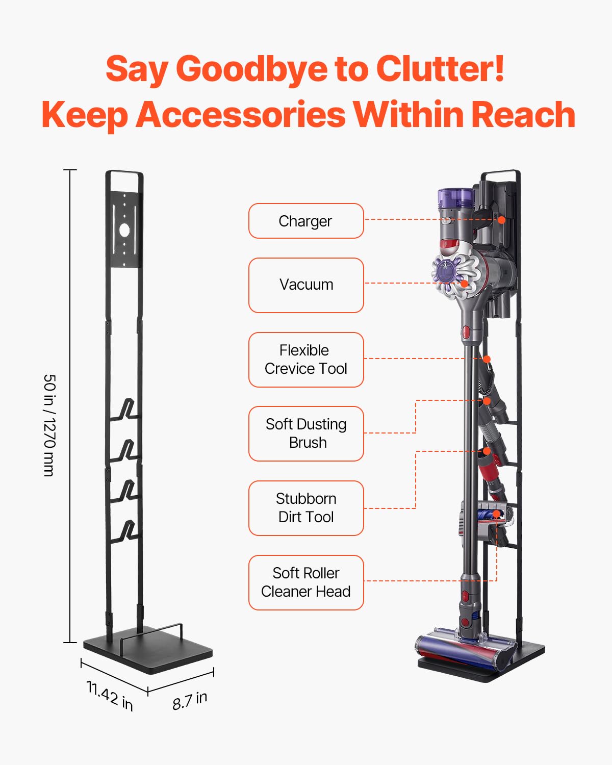 VEVOR Soporte de Aspiradora 1270 mm Compatible con Dyson V6 V7 V8 V10 V11 V15 Soporte Estable para Aspiradora con 4 Ganchos para Aspiradoras Verticales Dyson DC30 DC31 DC34 DC35 DC58 DC59 DC62 D74