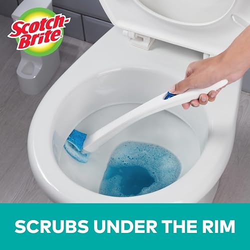 Scotch-Brite Disposable Toilet Scrubber Cleaning System with Built-in Bleach Alternative Cleaner, Easily Scrubs Under the Rim, 1-Handle with Storage Caddy + 5-Disposable Refills