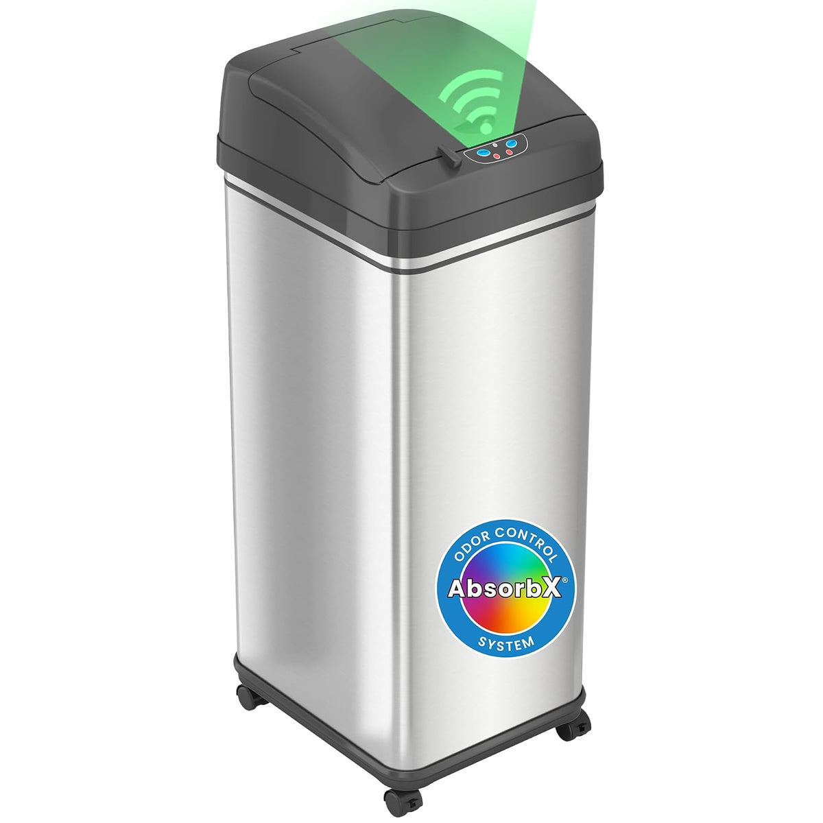 iTouchless - Sistema de control de olores para cubos de basura con sensor deslizante, cubo de basura automático de cocina y oficina (alimentado por batería o adaptador de CA opcional), 49.2 l, acero inoxidable con ruedas