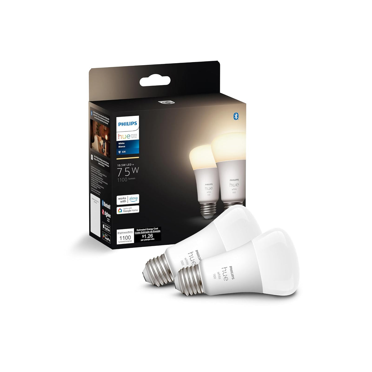 Philips Hue Paquete de 2 bombillas inteligentes A19 de color blanco, 1100 lúmenes, compatible con Bluetooth y Zigbee (concentrador de color opcional), funciona con Alexa y Google Assistant