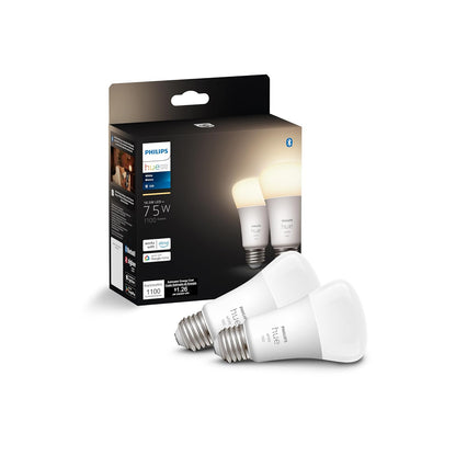 Philips Hue Paquete de 2 bombillas inteligentes A19 de color blanco, 1100 lúmenes, compatible con Bluetooth y Zigbee (concentrador de color opcional), funciona con Alexa y Google Assistant