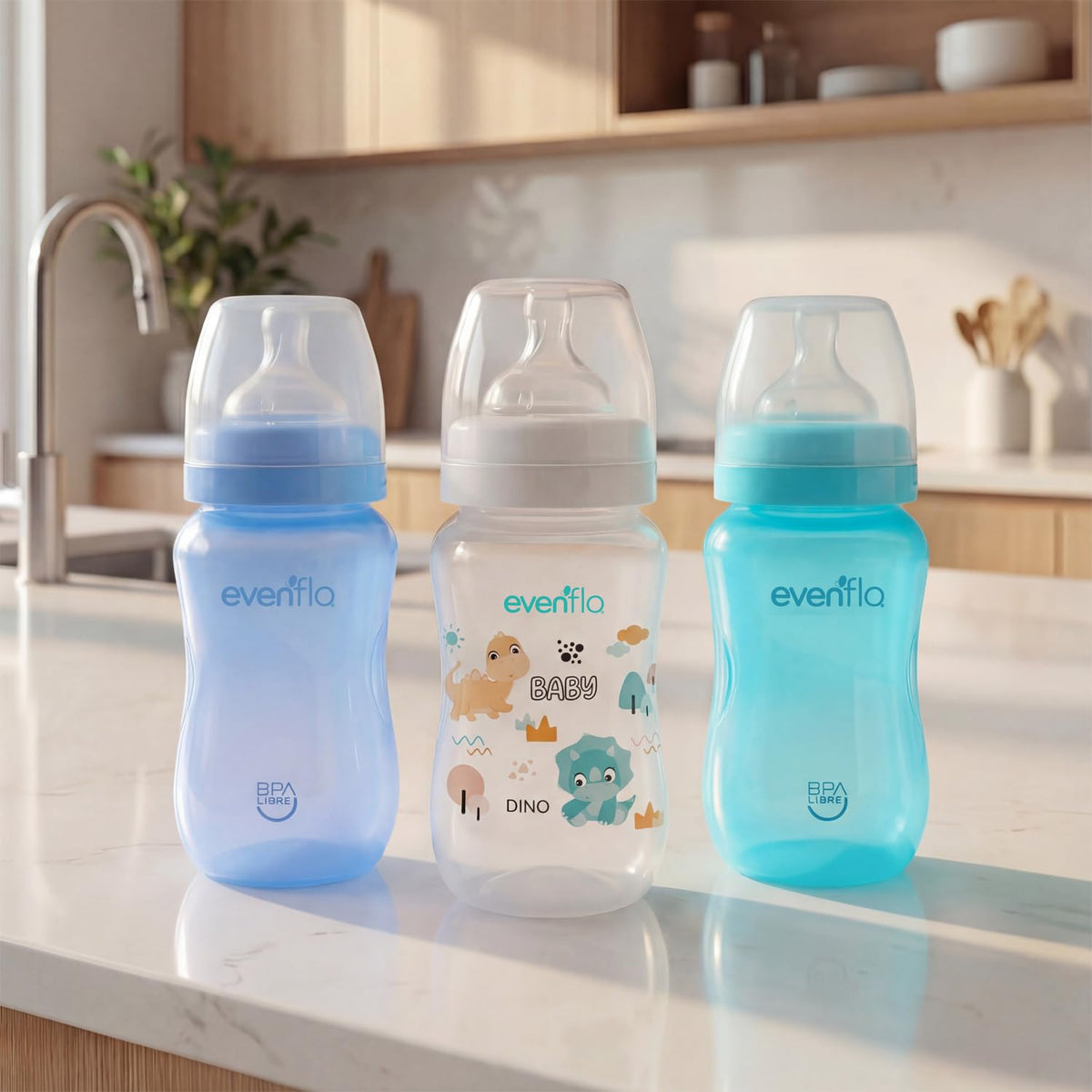 Evenflo Biberón Anticólicos Forest, Diseño de Dinosaurio, Cuello Ancho, 270ml/9oz, Azul y Turquesa, Flujo Medio, Sistema de Ventilación, 3 Piezas, para Bebés de 3 Meses en Adelante