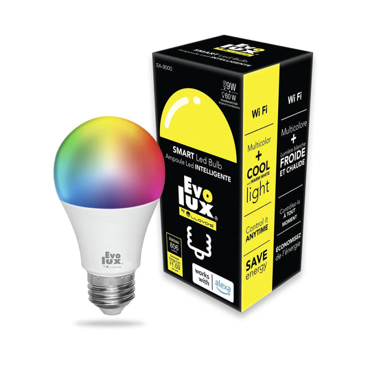 Evolux by Lloyd's Foco LED Inteligente, WiFi A19, Configuración Automática, Redes de 2.4 GHz, Dimmeable, Compatible con Alexa, Multicolor + Luz Blanca Fría y Cálida