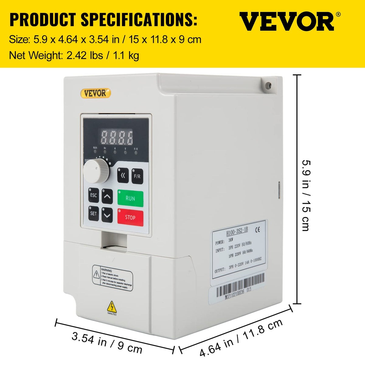 VEVOR Variador de frecuencia, Entrada CA 220 V, 3 kW, variador de frecuencia CNC, convertidor inversor, VFD 4 HP, Entrada monofásica o trifásica, Salida trifásica, convertidor inversor de Motor CNC