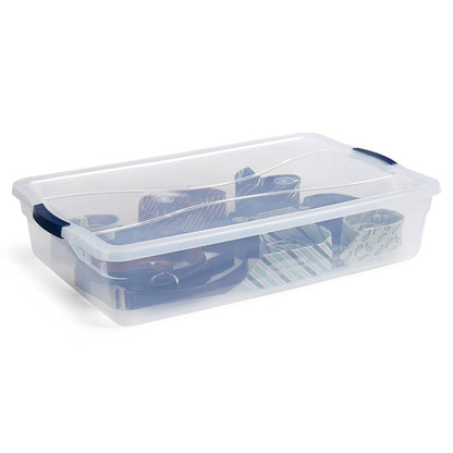 Rubbermaid Cleverstore Contenedor organizador de plástico apilable de 42 cuartos con tapas de cierre para cochera, clóset y aula, transparente, paquete de 4