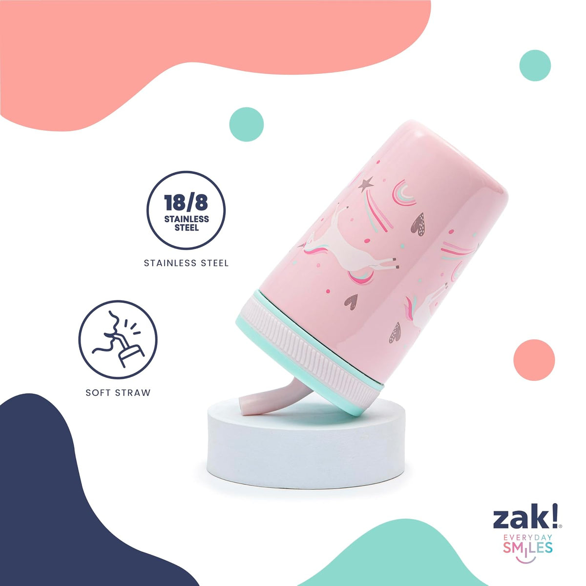 Zak Designs Vasos para niños pequeños para viajes o en casa, taza de acero inoxidable aislada al aspiradora de 12 onzas con diseño a prueba de fugas, perfecto para niños (fruta feliz)
