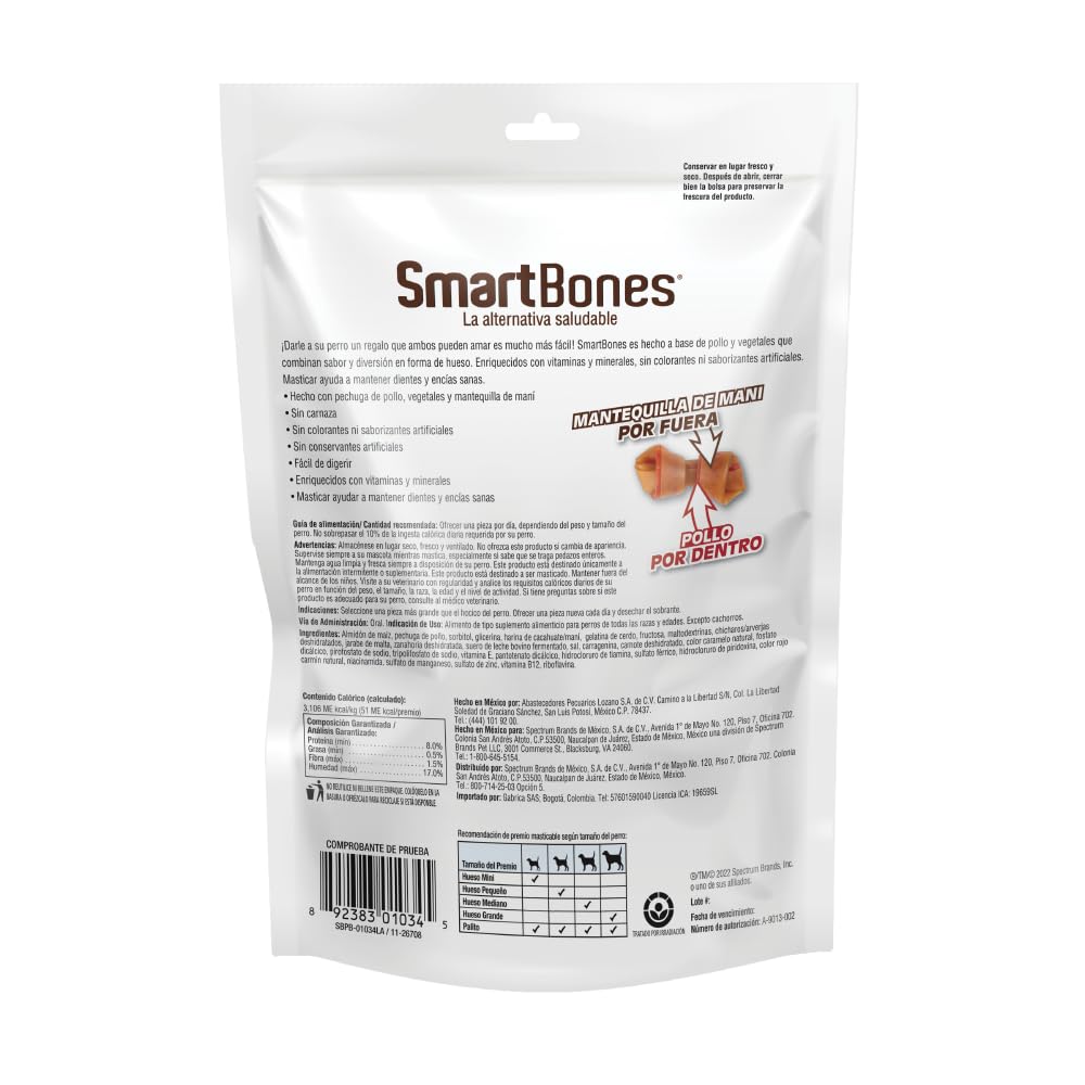 SmartBones Premios Perro huesitos Pollo y maní sin Artificiales Pack-16 pzs