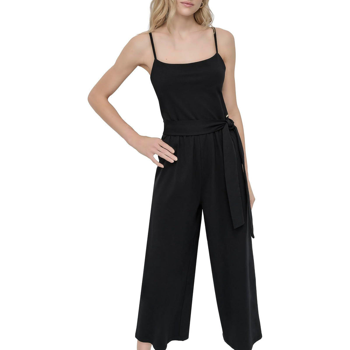 DKNY Jewel Neck Wide Leg Cropped Jumpsuit With Removable Belt & Adjustable Straps Mono Mujer