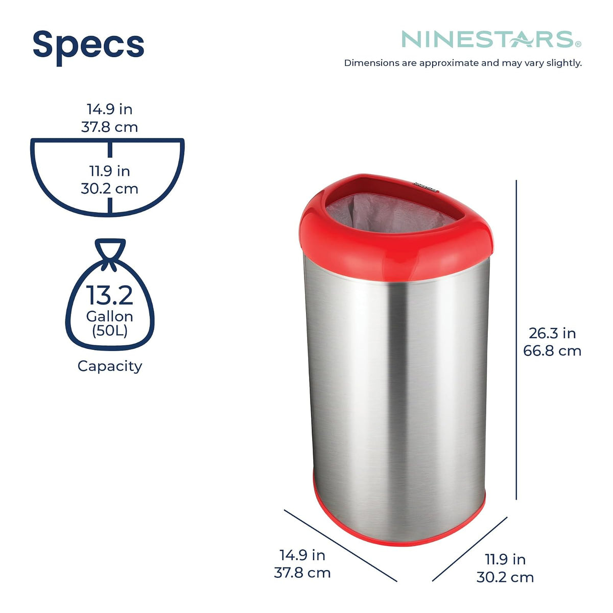 Ninestars OTT-50-19RD Stainless Steel Open Top Trash Can, 13.2 Gallons/50 Ltrs, Red