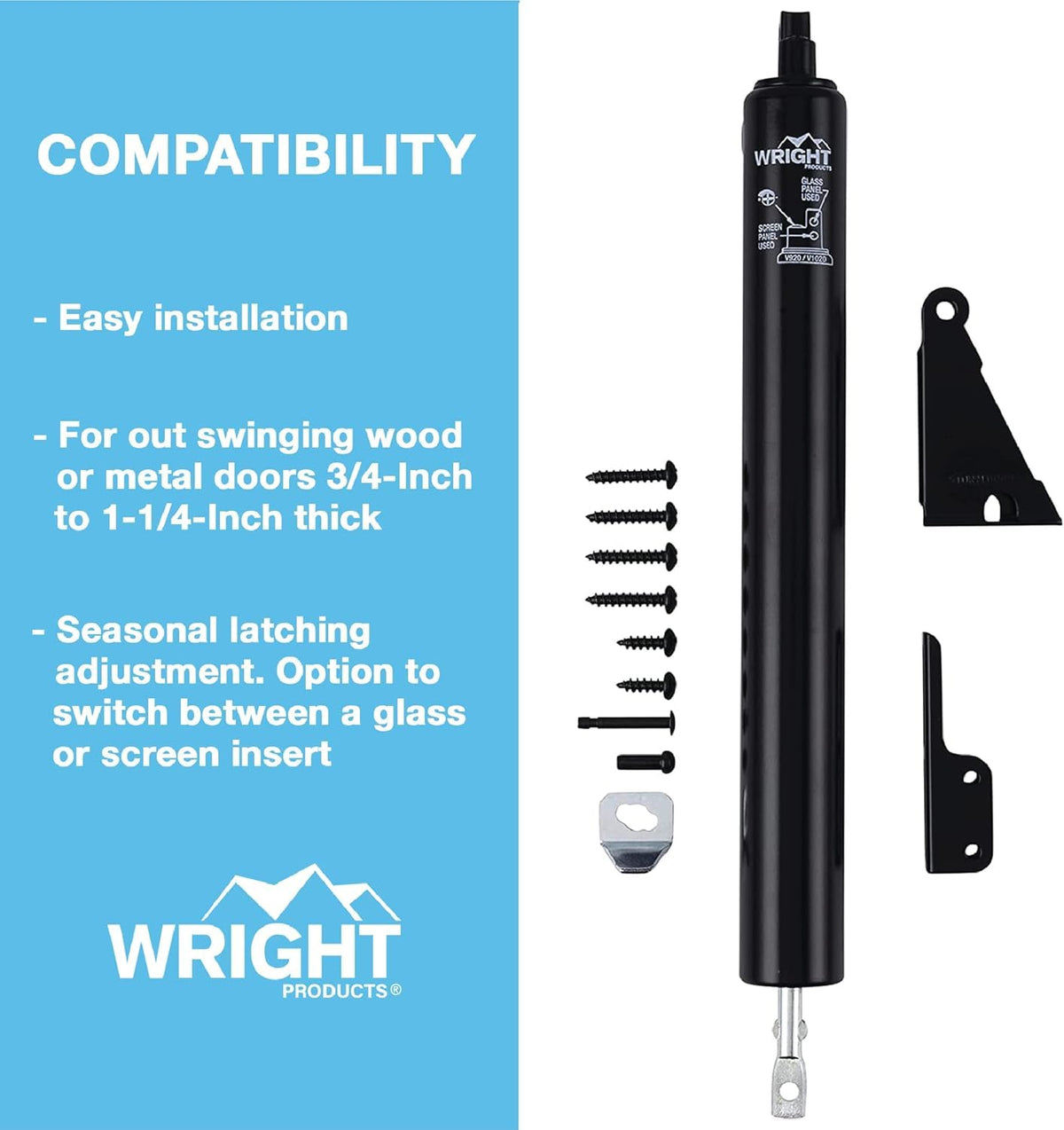 Wright Products - Cierrapuertas neumáticas para tormentas, ajustable, cierre suave con arandela de sujeción abierta (transición, bronce)