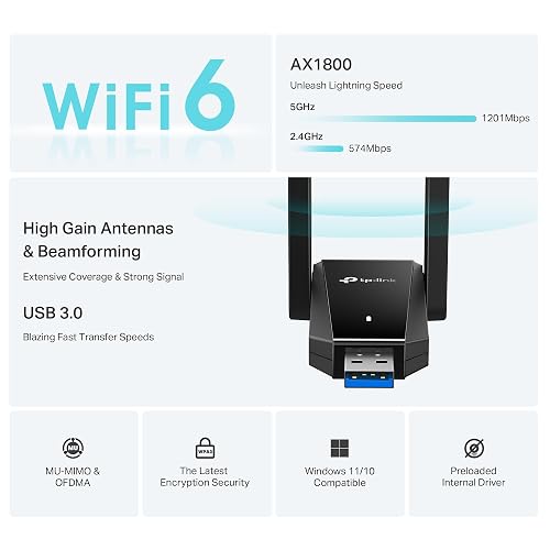 TP-Link Adaptador USB WiFi Archer TX30U Plus - WiFi 6 AX1800 Doble Banda - hasta 1.8 Gbps - Antenas de Alta Ganancia - USB 3.0 - MU-MIMO y OFDMA - Compatible con Windows