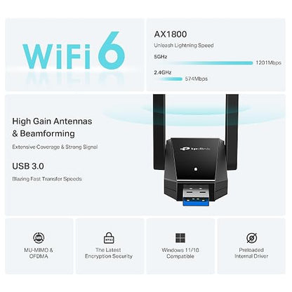 TP-Link Adaptador USB WiFi Archer TX30U Plus - WiFi 6 AX1800 Doble Banda - hasta 1.8 Gbps - Antenas de Alta Ganancia - USB 3.0 - MU-MIMO y OFDMA - Compatible con Windows