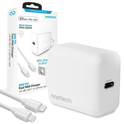Naztech Cargador de Pared USB-C PD de 20 W + USB-C a [Certificado MFI] Cable de Carga Lightning de 4 pies Compatible con iPhone 14/13/12/Pro/Pro MAX y más (Blanco) 15396