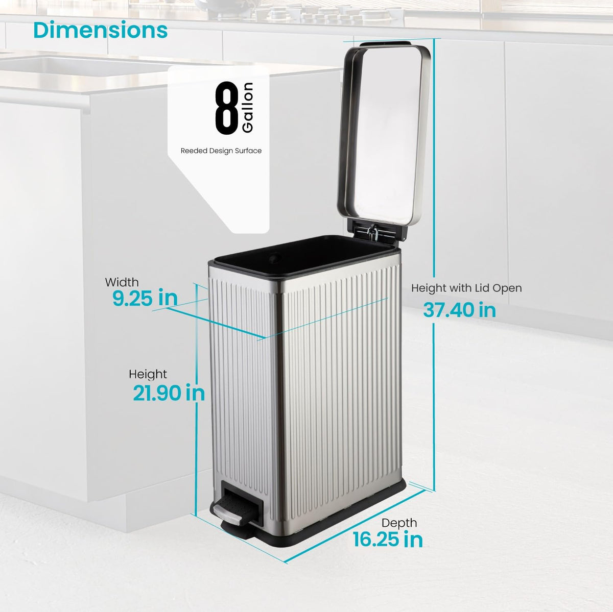 Home Zone Living - Papelera de cocina de 8 galones con tapa de cierre suave y pedal de escalón, acero inoxidable con diseño acanalado delgado para el hogar y la oficina, plata, 30 litros