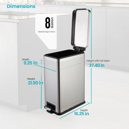 Home Zone Living - Papelera de cocina de 8 galones con tapa de cierre suave y pedal de escalón, acero inoxidable con diseño acanalado delgado para el hogar y la oficina, plata, 30 litros