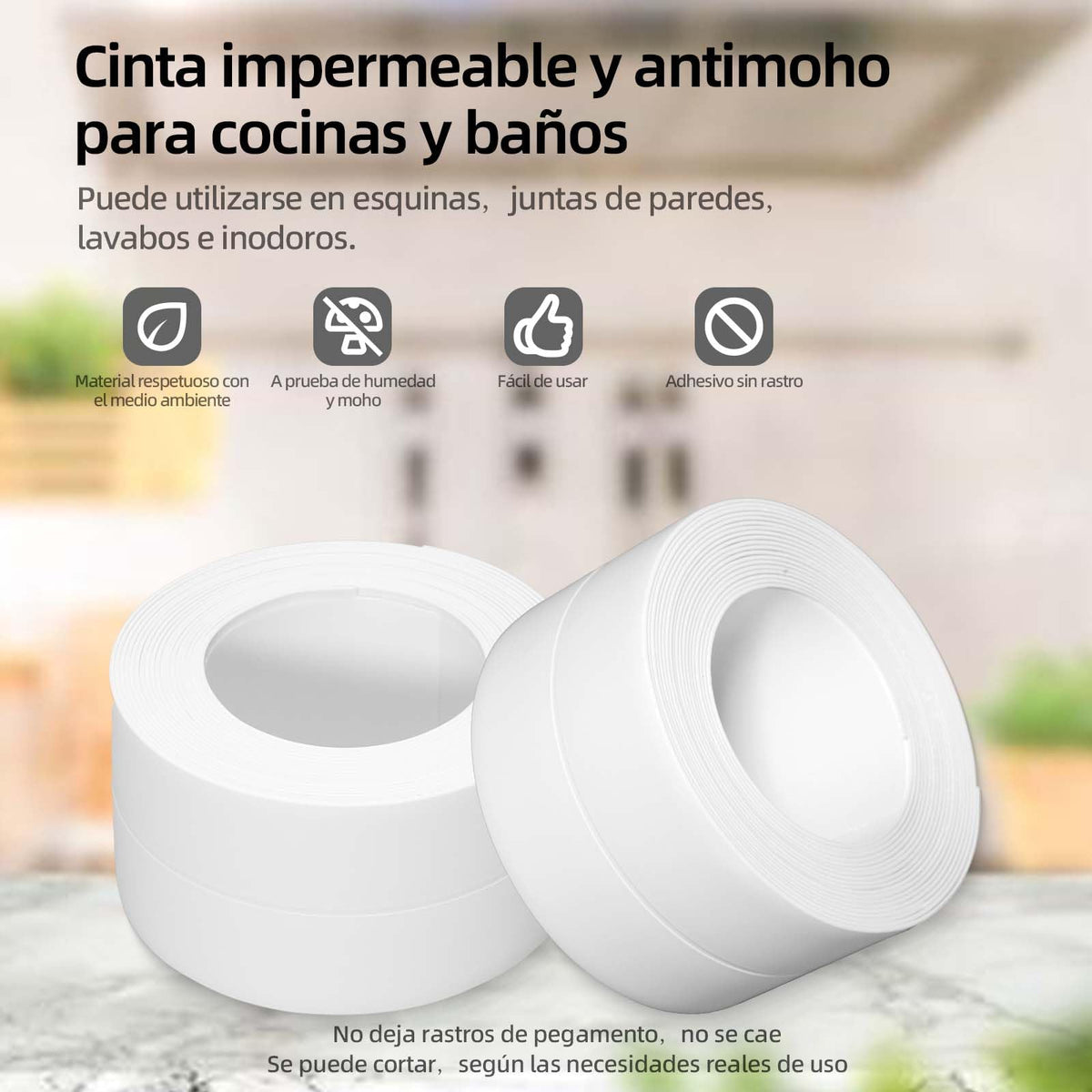 Cinta Selladora Autoadhesiva Blanca 3.8cmx3.2M, Impermeable | Banda Flexible Para Cubrir Juntas Y Bordes, Ayuda A Mantener Superficies Limpias En Diferentes Espacios Del Hogar