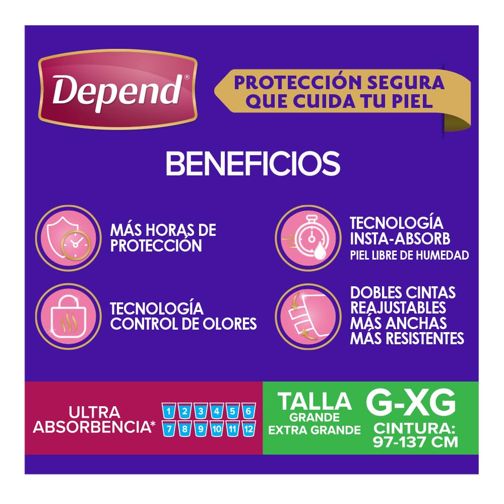 Depend Pañal Nocturno para Incontinencia, Talla Grande, Unisex, Caja con 6 Paquetes de 10 Piezas (60 pañales), ideal para descargas abundantes