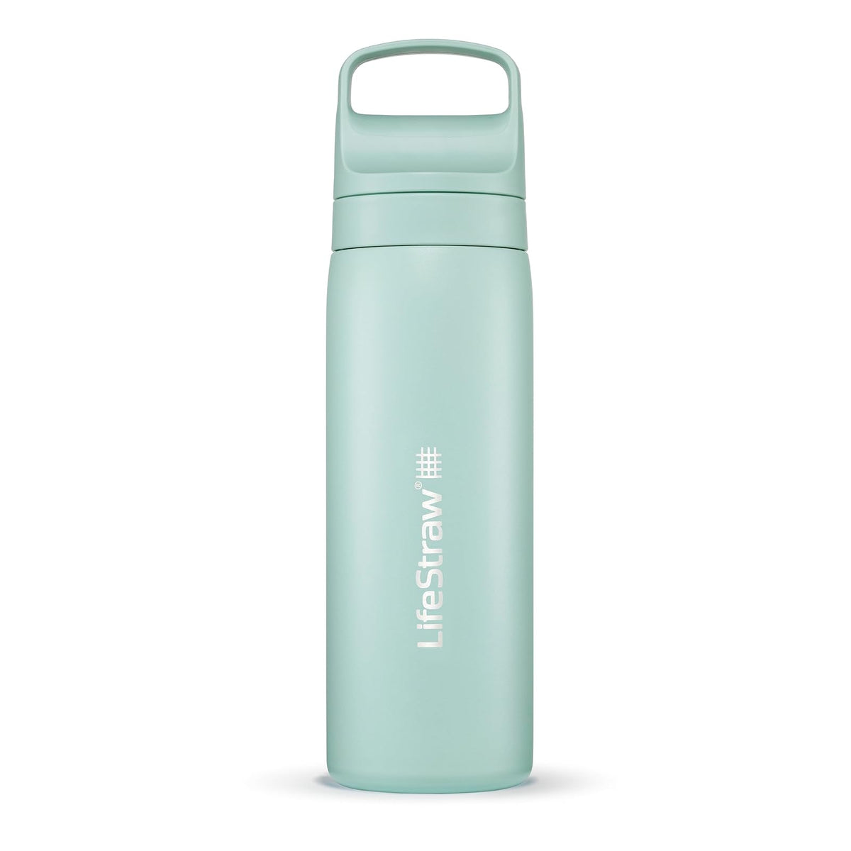 LifeStraw Go Series - Botella de filtro de agua de acero inoxidable con aislamiento al aspiradora de doble pared sin BPA de 18 onzas para viajes y uso diario; crema de mar