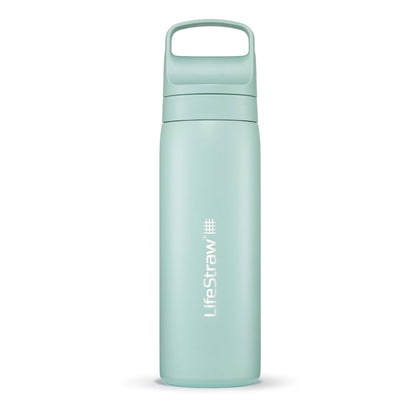 LifeStraw Go Series - Botella de filtro de agua de acero inoxidable con aislamiento al aspiradora de doble pared sin BPA de 18 onzas para viajes y uso diario; crema de mar