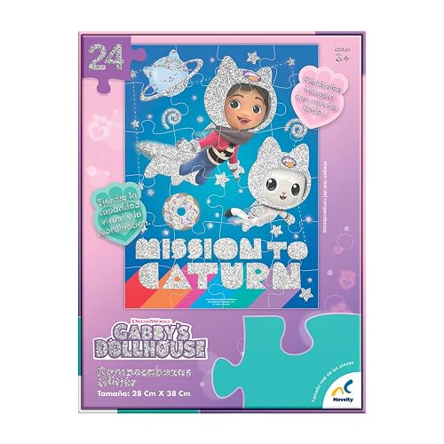 Novelty Corp - Rompecabezas Glitter, Gabby's Doll House, Ensable Perfecto, Piezas Resistentes, Mejora Agilidad Mental, Ensamble Perfecto, Juegos Tradicionales, 24 Piezas, Cartón Gráfico