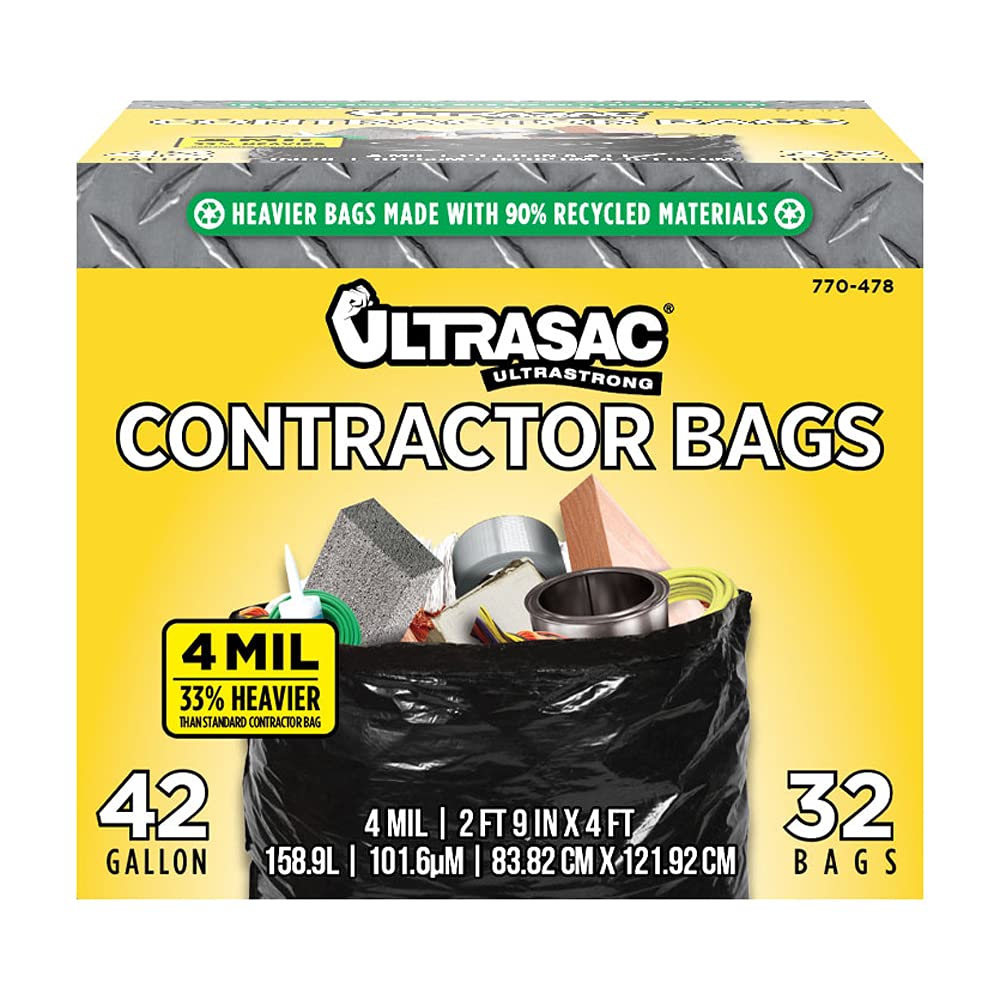 Ultrasac Bolsas de contratista extra resistentes – 42 galones 4 mil (paquete de 32 con corbatas) – 33 x 48 pulgadas, extremadamente gruesas y resistentes bolsa de basura profesional para construcción,