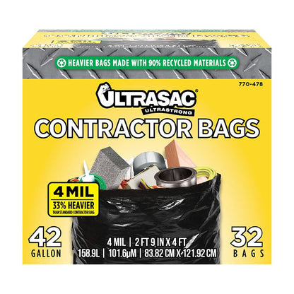 Ultrasac Bolsas de contratista extra resistentes – 42 galones 4 mil (paquete de 32 con corbatas) – 33 x 48 pulgadas, extremadamente gruesas y resistentes bolsa de basura profesional para construcción,