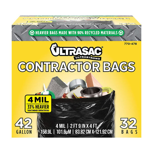 Ultrasac Bolsas de contratista extra resistentes – 42 galones 4 mil (paquete de 32 con corbatas) – 33 x 48 pulgadas, extremadamente gruesas y resistentes bolsa de basura profesional para construcción,