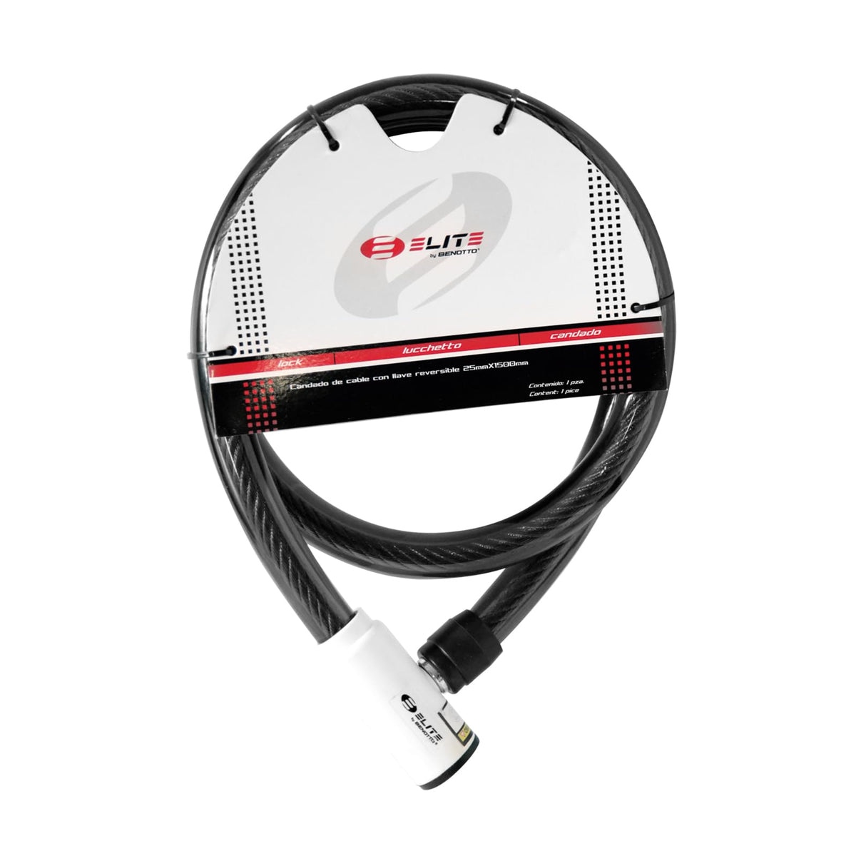 Candado ELITE Cable 25mmX1500mm Negro/Cabezal Blanco con 2 Llaves reversibles