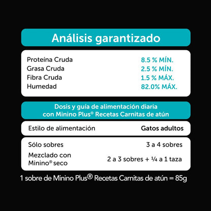 Minino Plus Recetas, alimento húmedo Sabor Carnitas de atún, 85 g, Gris, Paquete con 24 Piezas
