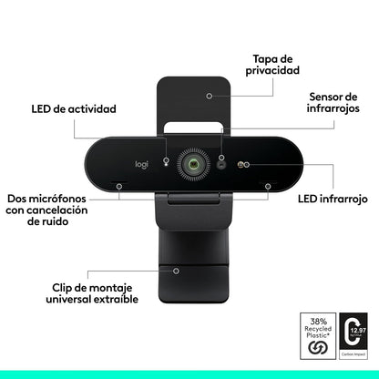 Logitech Brio 4K HDR Webcam 4k para PC Ultra HD con Enfoque Automático, Zoom Digital 5X, RightLight™ 3, Micrófonos Estéreo, USB-A, Color Grafito