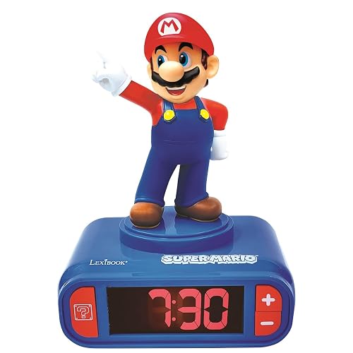 Lexibook Super Mario Despertador Nightlight RL800NI | Rojo/Azul, LCD retroiluminada, 6 sonidos y 6 melodías, repetición, batería AA