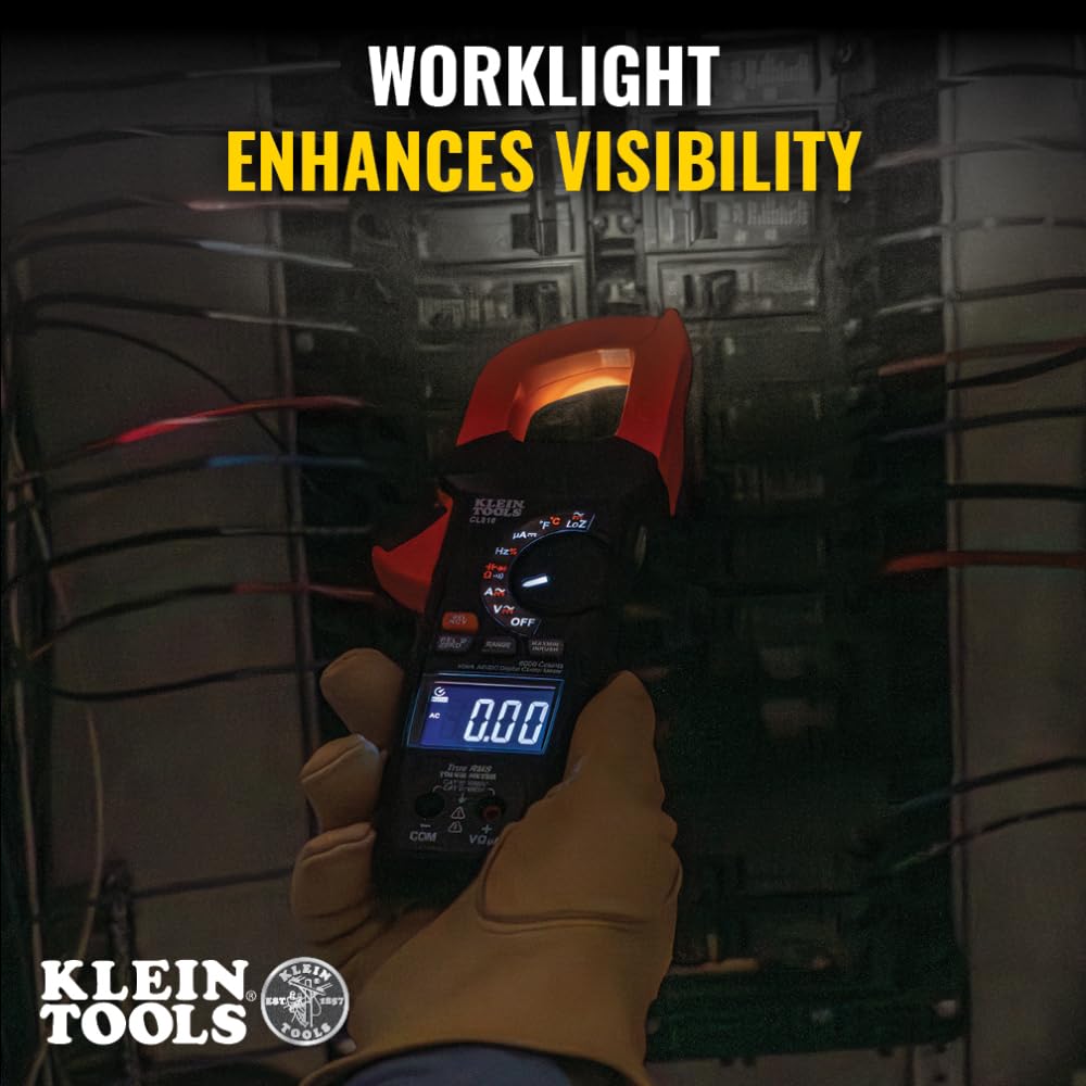 Klein Tools CL810 Pinza digital con linterna y esfera iluminada, rango automático de 600 A CA/CC, True RMS, NCVT, mide corriente, LOZ, temperatura