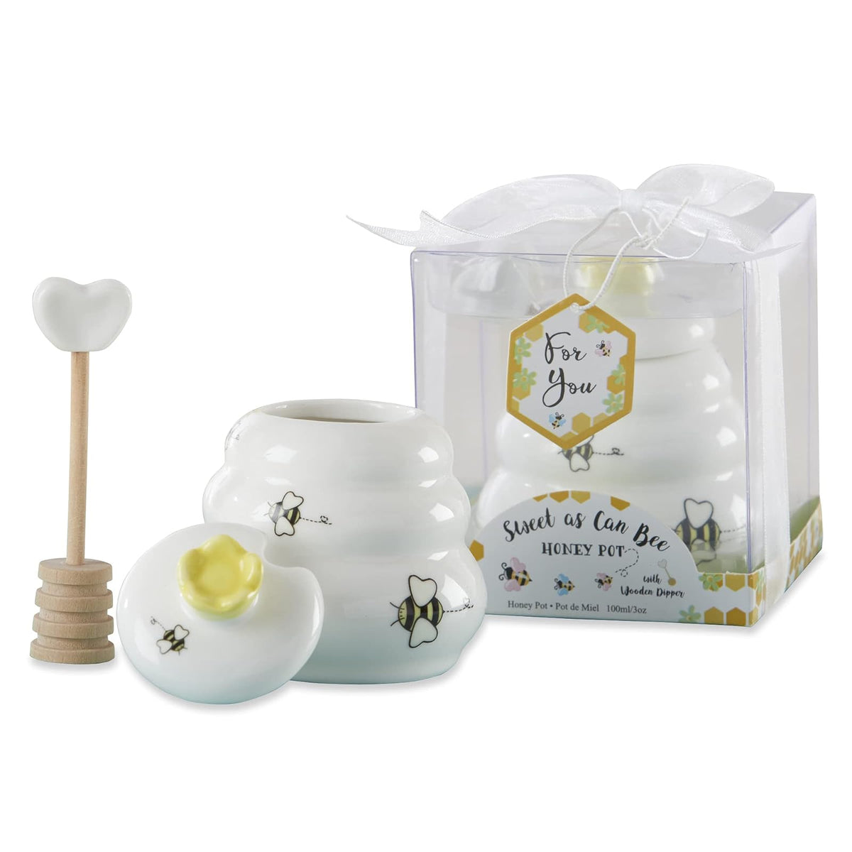 Kate Aspen Sweet as Can Bee - Mini olla de cerámica con salsa de miel de madera (3.4 onzas) tarro de miel, decoración de abejas, blanco/amarillo (23261WT)
