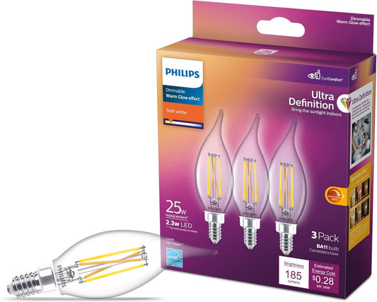Philips - Bombillas LED BA11 para candelabro - 3 unidades de 25 W, LED, Blanco suave, 185 lúmenes, Base E12, Atenuable, Bajo consumo de energía