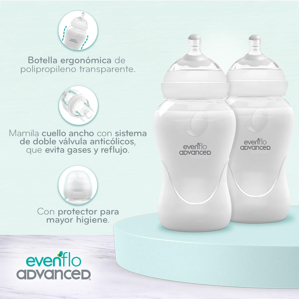 Evenflo Advanced Biberón Anticólicos Avanzado, Cuello Ancho, Transparente, 270ml, 2 Piezas, Flujo Medio, Silicón Grado Alimenticio, Sistema Doble Válvula, para Bebés desde 3 Meses