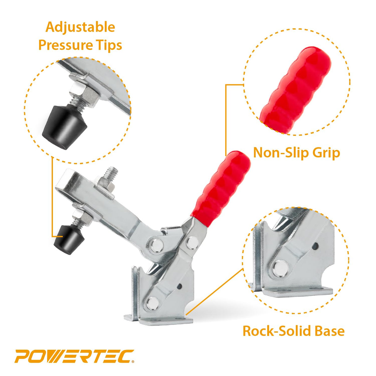 POWERTEC - Abrazadera de palanca de 226 kg, capacidad de sujeción de 500 libras, abrazaderas verticales de liberación rápida 12130 con punta de presión de goma antideslizante para plantillas y