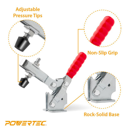 POWERTEC - Abrazadera de palanca de 226 kg, capacidad de sujeción de 500 libras, abrazaderas verticales de liberación rápida 12130 con punta de presión de goma antideslizante para plantillas y