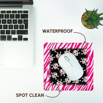3dRose 8 x 8 x 0.25 Inches Mouse Pad, Cute Black Skulls with Bows on Pink Zebra (mp_61793_1)
