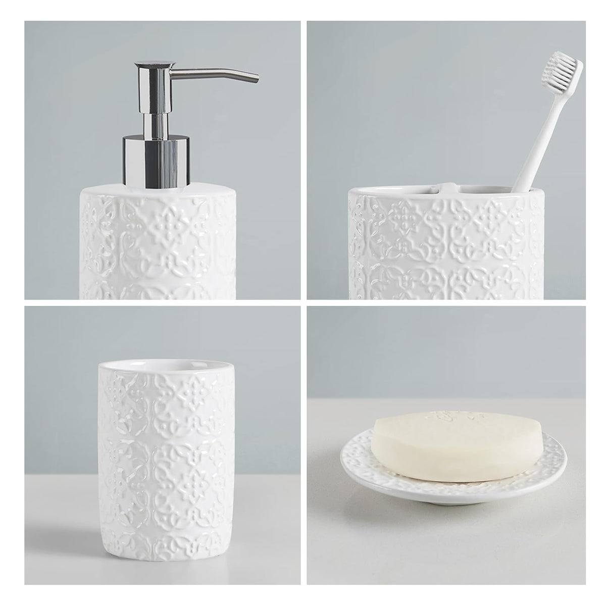MARTHA STEWART - Juego de Accesorios de baño de cerámica, Organizador de Almacenamiento para decoración de Cambiador, medallón de Damasco en Relieve, dispensador de loción/jabón, Soporte para Cepillo
