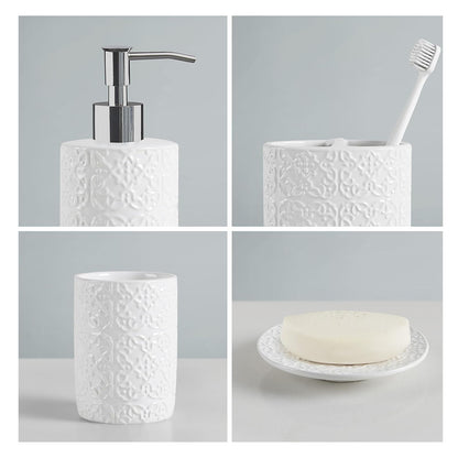 MARTHA STEWART - Juego de Accesorios de baño de cerámica, Organizador de Almacenamiento para decoración de Cambiador, medallón de Damasco en Relieve, dispensador de loción/jabón, Soporte para Cepillo