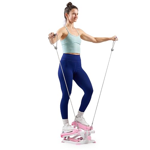Sunny Health & Fitness Mini Stepper con Bandas para Casa | Cardio Completo c/ Resistencia Hidráulica, Medidor LCD, Sin Montaje, Bandas, Cap. 135 kg y SunnyFit App