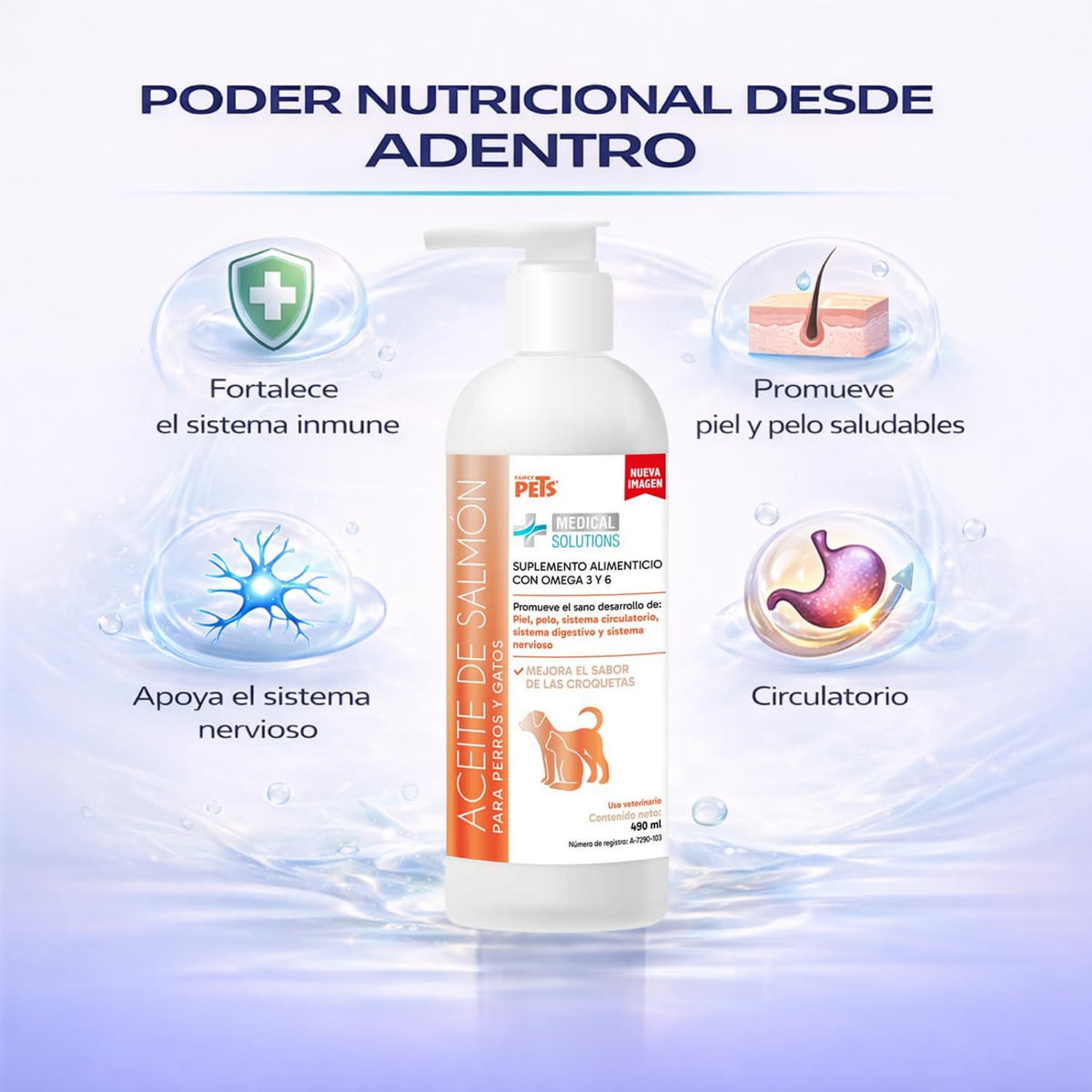 Fancy Pets Aceite de Salmon para Perros y Gatos Medical Solutions con 490ml | Omega 3 con DHA y EPA | Suplemento para Piel Sana, Pelaje Brillante y Sistema Inmune Fuerte