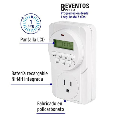 Volteck - TEM-8, temporizador digital de policarbonato, 8 eventos