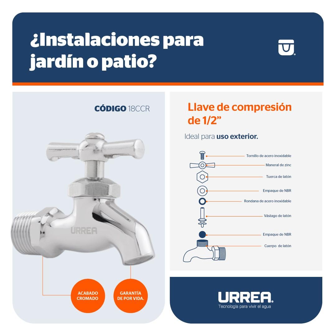 URREA 18CCR Llave de Compresión Cromada sin Hilos, Acabado Cromo