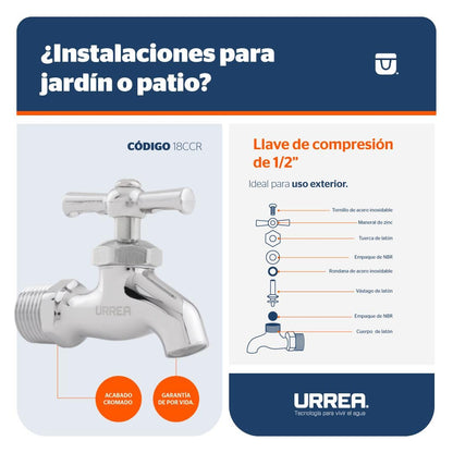 URREA 18CCR Llave de Compresión Cromada sin Hilos, Acabado Cromo